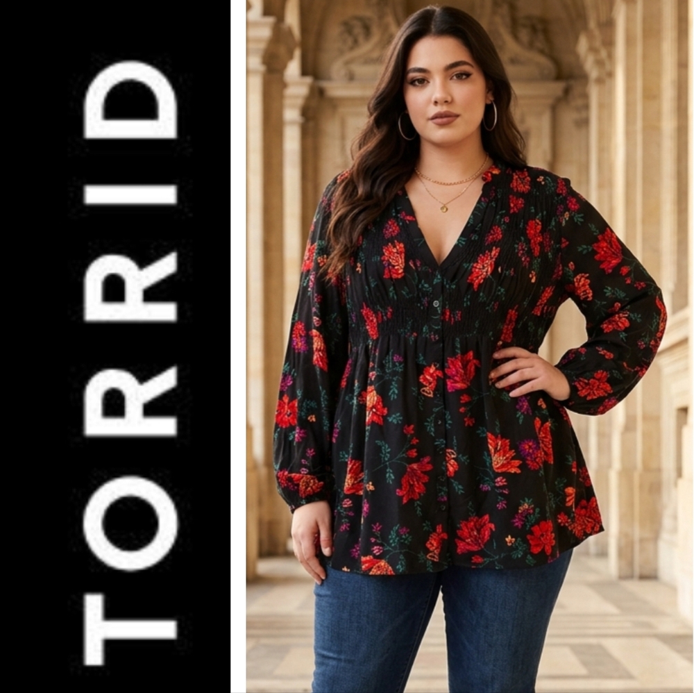 Torrid Black Button Down Top with Red and Purple Floral Design